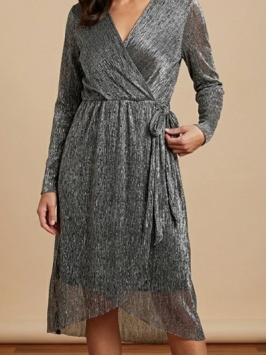 Serra Dresses & Skirts - Serra Metallic Silver Plisse Long Sleeve Wrap Dress NWT Size Small